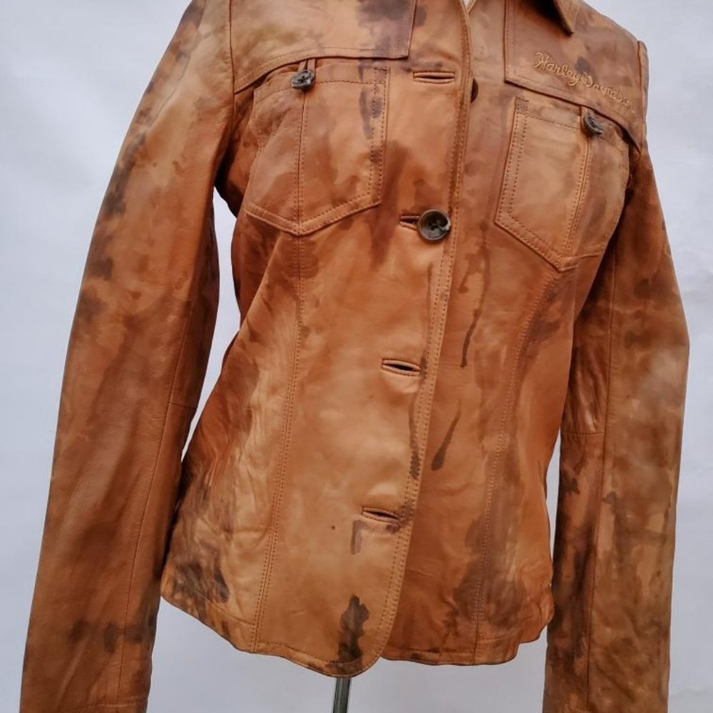 Harley Leather Motorcycle Jacket cowgirl brown tan black biker tiedyed 4 6 small - Picture 6 of 7